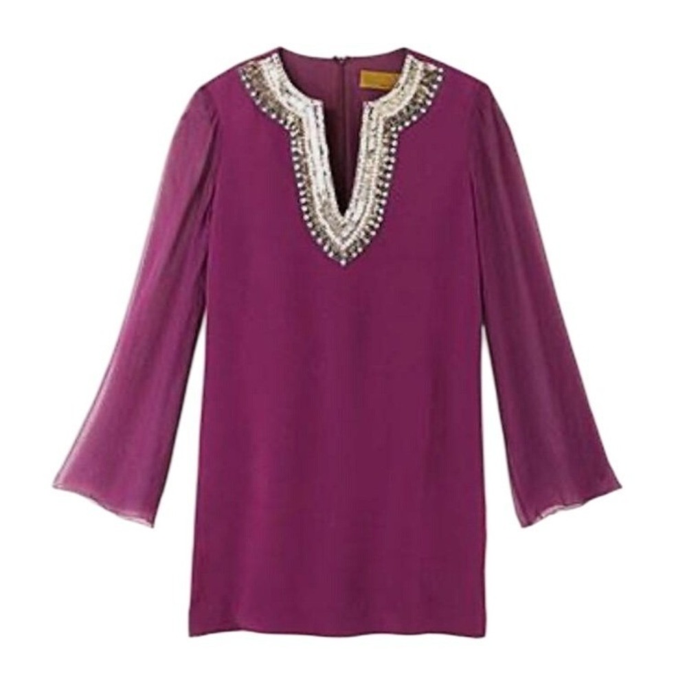 Nicole Miller Purple V Neck Shift Midi‎ Silk Dress Size 0P Indie Luxury Bohemian - Picture 3 of 8